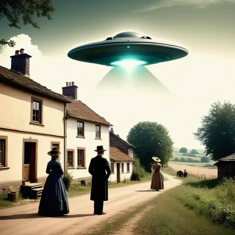 Generate an ultra-realistic old photograph from the 1800s era depicting a group of people witnessing a UFO crash in a rural countryside. The scene should capture the astonishment and curiosity of the onlookers, dressed in typical 19th-century attire—long d...