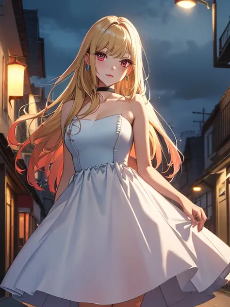 (Evening Dress:1.5), Night view, Beauty, Beautiful eyes, pub, (masterpiece), highest quality, Kitagawa Marine, 1girl, blonde hair, long hair, multicolored hair, red eyes, jewelry, earrings, piercing, black choker, uhd, retina, masterpiece, ccurate, anatomi...