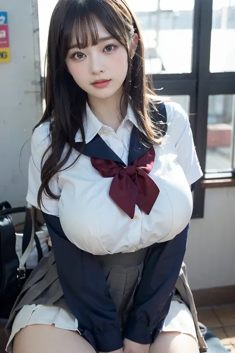 (Best quality,masterpiece,ultra detailed,8K,RAW photo,realistic,high resolution:1.2),(Pretty Japanese girl),(Super huge tits:1.4),(light brown hair),(school uniform,white shirt,pleated skirt:1.4),(voluptuous:1.4),(shoulder length),(light smile),(thick:1.4)