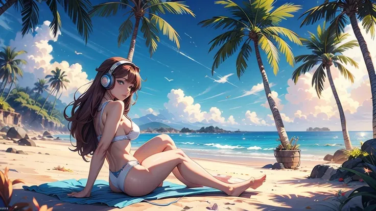 close up anime girl sits with headphones on his ears, on the beach, palm trees, rhads and lois van baarle, lois van baarle and rossdraws, artgerm and lois van baarle, beautiful digital artwork, beaching, extremely detailed artgerm, deviantart artstation cg...