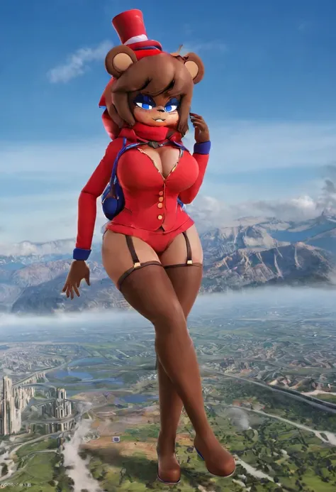 (best quality, masterpiece1.2), 1girl, solo, human, cally3d, (fredina), brown body, top hat, bear ears, stockings, woman, red hoodie, blue eyes, sexy, detailed, extreme detail, perfect lighting, 4k, hood down, Giantess, ultra big, ultra giantess, Bigger th...