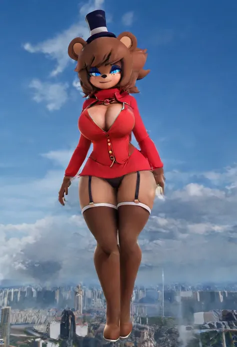 (best quality, masterpiece1.2), 1girl, solo, human, cally3d, (fredina), brown body, top hat, bear ears, stockings, woman, red hoodie, blue eyes, sexy, detailed, extreme detail, perfect lighting, 4k, hood down, Giantess, ultra big, ultra giantess, Bigger th...