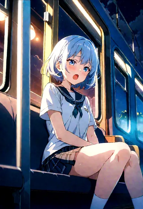 score_9, score_8_up, score_7_up, source_anime, best quality, masterpiece,ultra-detailed,official art, absurdres, highres, waifu2x, break,1girl, school girl, short hair,  beautiful detailed eyes, sit, open mouth, (yawn:0.3), sleepily,night, train, break,(cl...