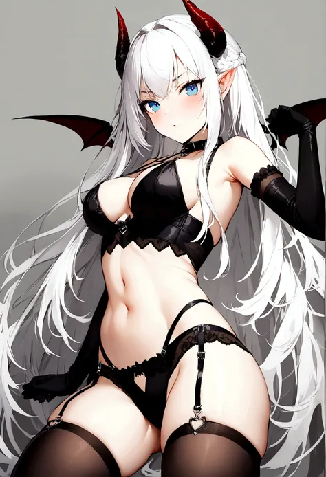 1girl, black gloves, black panties, black thighhighs, blue eyes, bra, collar, demon girl, elbow gloves, gloves, horns, long hair, looking at viewer, panties, solo, thighhighs, underwear, very long hair, white hair, wings