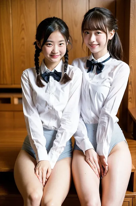 2 girls on desk in wooden school classroom,white shirt with bow tie,white thong,hands on crotch,spreading legs apart,18-year-old,bangs,a little smile,large bare thighs,knees,short hair with low pigtails,from before,front light