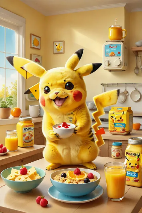 cute illustration of Pikachu having breakfast. Pikachu should be sitting at a kitchen table, enjoying a bowl of cereal with milk. Include elements like a toaster, a jar of jam, and a cup of orange juice on the table. The scene should be bright and cheerful...