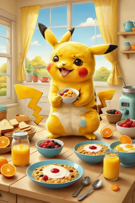 cute illustration of Pikachu having breakfast. Pikachu should be sitting at a kitchen table, enjoying a bowl of cereal with milk. Include elements like a toaster, a jar of jam, and a cup of orange juice on the table. The scene should be bright and cheerful...