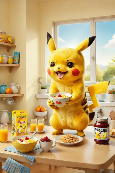 cute illustration of Pikachu having breakfast. Pikachu should be sitting at a kitchen table, enjoying a bowl of cereal with milk. Include elements like a toaster, a jar of jam, and a cup of orange juice on the table. The scene should be bright and cheerful...