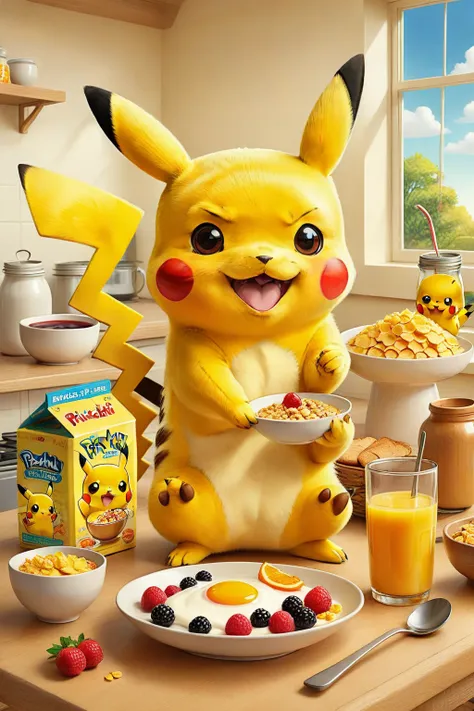 cute illustration of Pikachu having breakfast. Pikachu should be sitting at a kitchen table, enjoying a bowl of cereal with milk. Include elements like a toaster, a jar of jam, and a cup of orange juice on the table. The scene should be bright and cheerful...