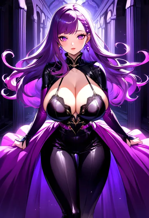 Create a digital artwork of a voluptuous female character with massive breasts in an anime-inspired style. The character should have long, flowing purple hair and large, expressive purple eyes. She should be wearing an almost see through bra that accentuat...