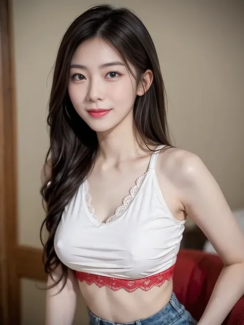 arafed asian woman in a white shirt wearing red bra inside and lace skirt posing for a picture, a picture by Oliver Sin, trending on cg society, shin hanga, korean girl, gorgeous young korean woman, beautiful asian girl, beautiful south korean woman, gorge...