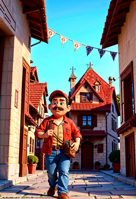 A middle-aged man with a thoughtful expression, walking through an old town with warm, welcoming tones. disney pixa