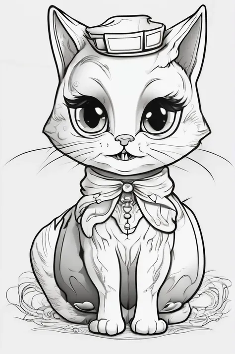 A cute cat, Halloween, custome, ghost. line art, cartoon character, 3d style, high-quality, coloring book, hand-draw, lineart, blank and white coloring.