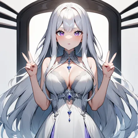 nafw,(2 girls),(duo),breast,absurdres,best quality,very aesthetic,absurdres,bra,(light silver White hair),太もも,(purple),(straight-on),(long hair),(gown),(bare breasts),(huge),(double v)