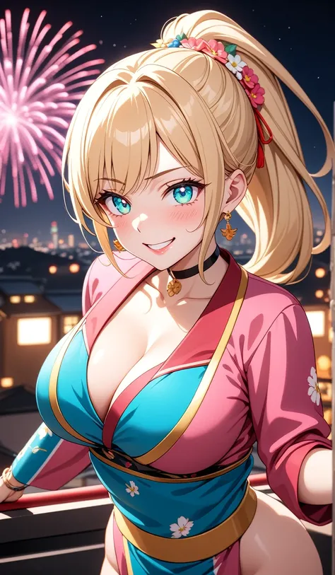 ((One personの女性)), Beautiful Face, ((acrobatic pose:2.0)),Laughing embarrassedly,((Wink:1.7)),Laugh with your mouth wide open((Bright red cheeks:1.4)),Glossy pink lips,night,rooftop,Festive decorations,You can see the ocean, firework,Laughing with your mou...