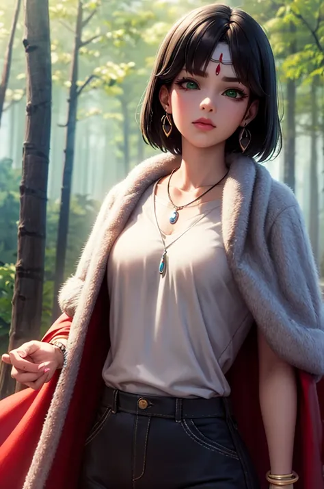 mj3d style,3dmm,3d,(masterpiece, Highest quality:1.1), Ghibli style, Mr. Miss. (mononoke hime), One girl, Bracelet, bangs, Black Hair, black undershirt, chest, Cape, Circlet, Earrings, Face Paint, Floating Hair, forest, fur Cape, Green Eyes, jewelry, View ...