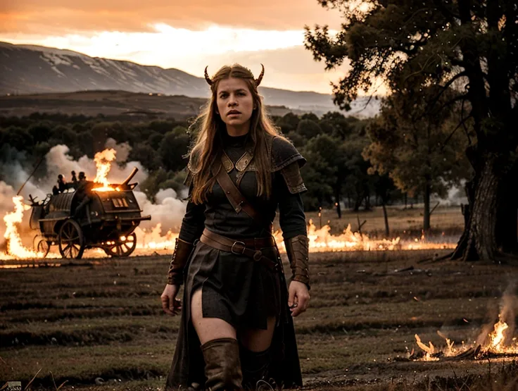 angry viking woman, battlefield, trees in fire