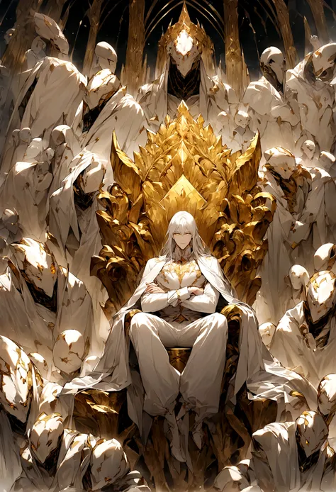 A handsome man with the cold face and eyes, white long hair, golden eyes wearing a white long blouse, white shirt and white long pant, crossing arms and sitting on a giant holy crystal throne. Around he is a lot of humanoid cybernetic creatures like angels...