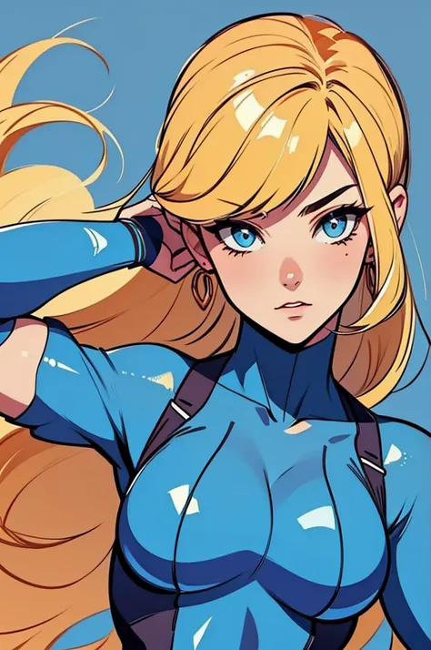 samus, detailed face,  perfect face, frontal, blue clothing, full body, looking at camera, sexy look