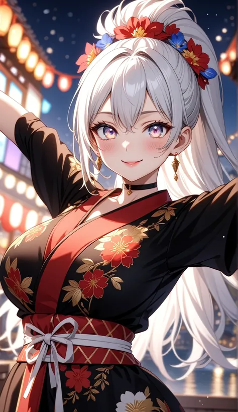 ((One personの女性)), Beautiful Face, ((open arms for viewer:2.5)),Laughing embarrassedly,((Wink:1.8)),Laugh with your mouth wide open((Bright red cheeks:1.4)),Shiny red lips,night,rooftop,Festive decorations,You can see the ocean, firework,Laughing with your...