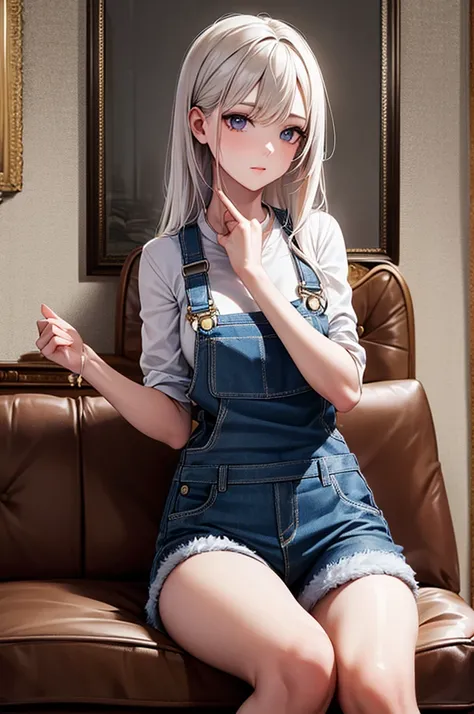 +masterpiece, Highest quality, Very detailed, Female student, Beautiful Face, Rich details, (Long white hair), Perfect Face, Overalls, Sitting, close, Shabby sofa