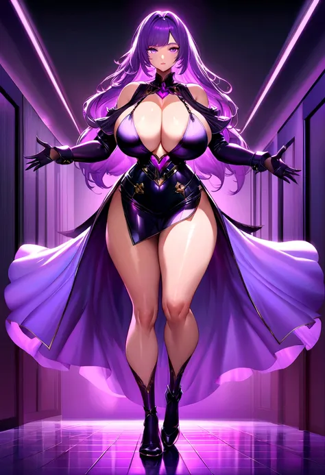 Create a digital artwork of a voluptuous female character with massive breasts in an anime-inspired style. The character should have long, flowing purple hair and large, expressive purple eyes. She should be wearing an almost see through bra that accentuat...