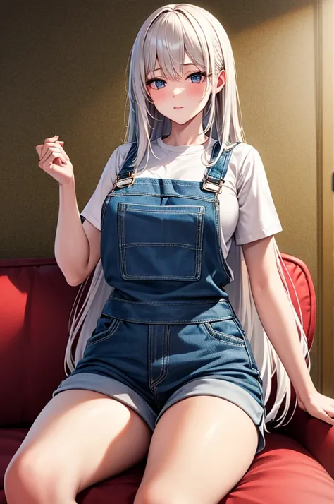 +masterpiece, Highest quality, Very detailed, Female student, Beautiful Face, Rich details, (Long white hair), Perfect Face, Overalls, Sitting, close, Shabby sofa