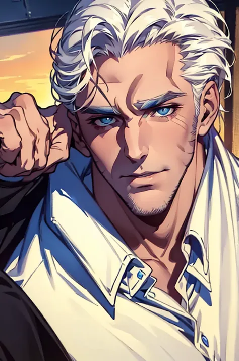 ((masterpiece:1.2, Best quality)), 4k, adult, European face, 1 person, male, , masculine, Beautiful, tall, dark casual wear, White skin, white hair, blue eyes s, portrait, sunset, man, adult man
