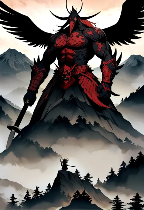 Anime Demons、Tengu, Red face, Long Nose, Sharp Eye, Feathered black wings, Standing on the mountain top, Ancient warriors, Holding traditional weapons, Japanese mountain scenery, Stern expression