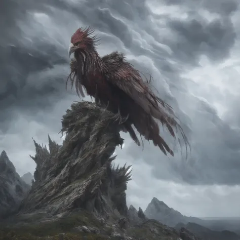 a detailed film still portraying a carnivorous bird woman made of fluffy feather skin, having feathered arms, a bloody maw, and a focused smile perched atop a stormy, windswept mountain landscape scene, by emily soto.