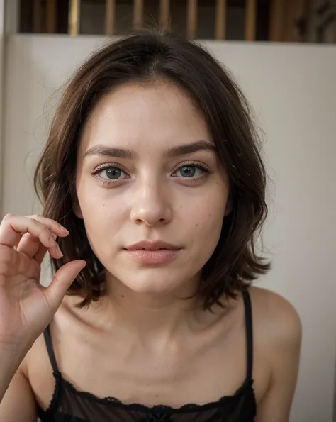 JoLie beLLe brune européenne sexy aux yeux vert cLair, 22 ans, 

beLLe Lingerie noire, La fiLLe est aLLongée sur Le dos sur un canapé design bLanc, intérieur bLanc moderne, fond cLair abstrait, La fiLLe est au centre, L&#39;arrière-pLan est fLou, depth of ...