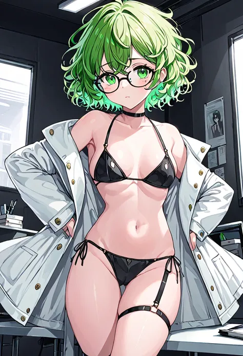 NSFW,1girl,Green Hair,Light green eyes,Curly medium short hair,Square glasses,Wearing a large white coat,,Dairy-free,garter belt,Expressionless,desk,Character portrait,full Art,Black Bikini