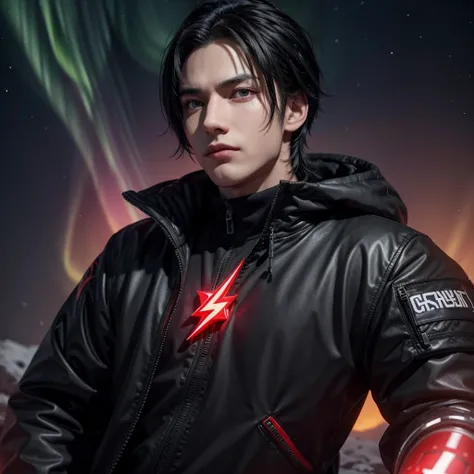 A male character for a gaming profile on YouTube, black hair and red eyes with a flashy and charismatic designer, with a northern lights background