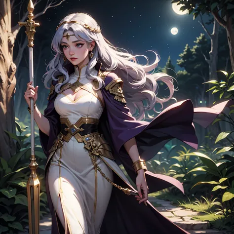 (8K, Highest quality, masterpiece: 1.2), Fire Emblem: Genealogy of the Holy War,Deirdre,Purplish silver hair,Wavy Hair,Fleeting,Long walking stick,White-based robe,beautiful girl,Moonlit Night,in the forest,sexy,Glamour,Purple Eyes,sacred,High resolution R...