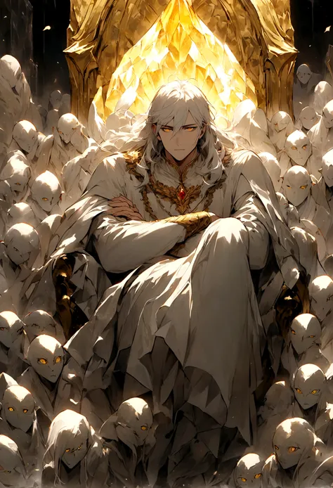 A handsome man with the cold face and eyes, white long hair, golden eyes wearing a white long blouse, white shirt and white long pant, crossing arms and sitting on a giant holy crystal throne. Around he is a lot of humanoid creatures like angels flying and...