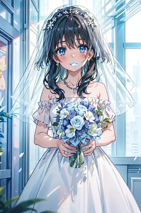 okay, saten ruiko, black hair, blue eyes, long hair, hair ornaments, floral decoration,grin,smile,veil,blush,wedding dress,off t...