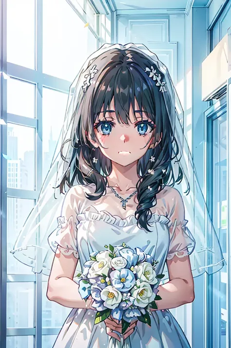 okay, saten ruiko, black hair, blue eyes, long hair, hair ornaments, floral decoration,grin,smile,veil,blush,wedding dress,off t...