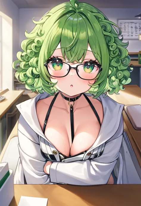 NSFW,1girl,Green Hair,Light green eyes,Curly medium short hair,Square glasses,Wearing a large white coat,,Dairy-free,garter belt,Expressionless,desk,Character portrait,full Art,Ahegao,pussy juice