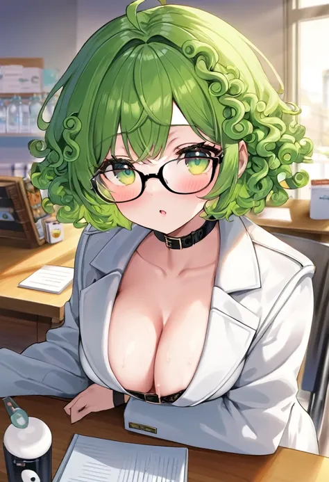 NSFW,1girl,Green Hair,Light green eyes,Curly medium short hair,Square glasses,Wearing a large white coat,,Dairy-free,garter belt,Expressionless,desk,Character portrait,full Art,Ahegao,pussy juice