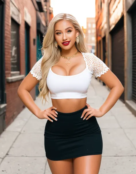 (best quality,4k,highres, highres face details), blonde long curvy hair, 18 years old, instagram model, 36DD fake breast, fake lashes, fake lips, dark makeup, perfect skin, dark tan skin, she is skinny, she is caucasian,she is wearing a short skin tight sk...