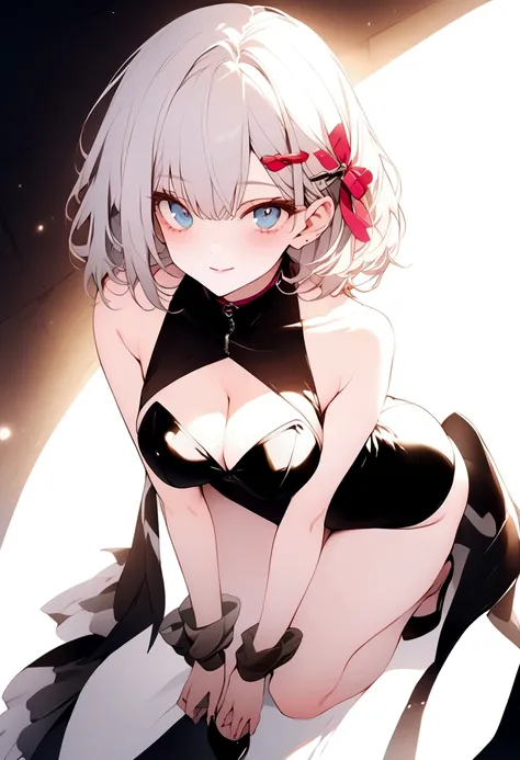 beautiful, masterpiece, Highest quality, anime, One girl, C Cup,Portrait Shot, View your viewers, Intricate details,>,((Covered、Short Hair、nearby、Blue Eyes、art、、White hair,Blue streaked hair、wallpaper、、hairpin、smile、Thighs、Race Queen、rq、Photographed from t...