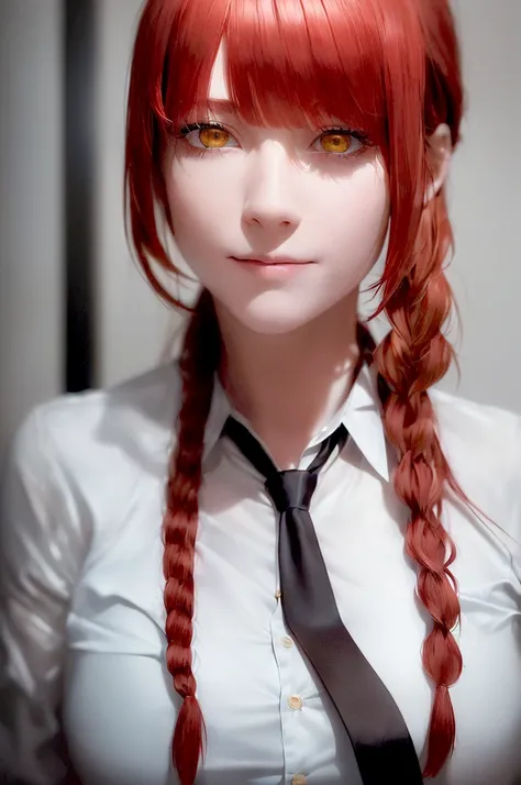 masterpiece, (photorealistic:1.4), best quality, beautiful lighting, , makima (chainsaw man), (red hair)+(long braided hair)+(bangs), yellow eyes, golden eyes, (ringed eyes), (white shirt), (necktie), RAW photo, 8k uhd, film grain, looking at the viewers w...