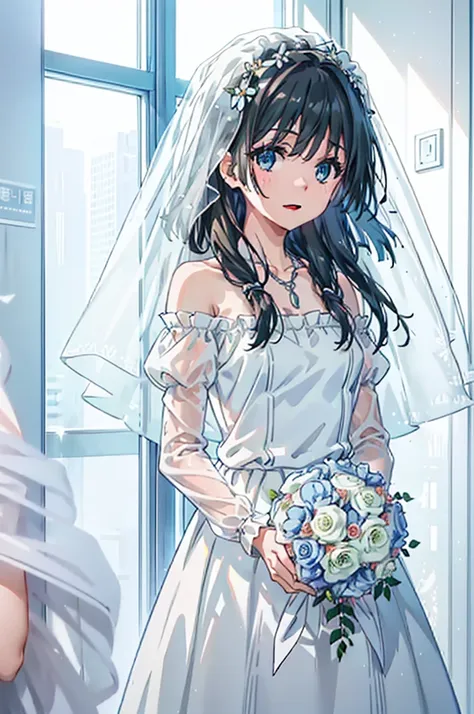 okay, saten ruiko, black hair, blue eyes, long hair, hair ornaments, floral decoration,grin,smile,veil,blush,wedding dress,off t...