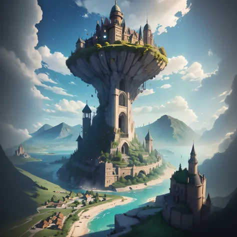 there is a castle on a hill with a river in the foreground, unreal engine fantasy art, stylized concept art, 4k fantasy art, an immense floating castle, giant medieval tower concept art, fantasy art behance, epic fantasy digital art style, realistic fantas...