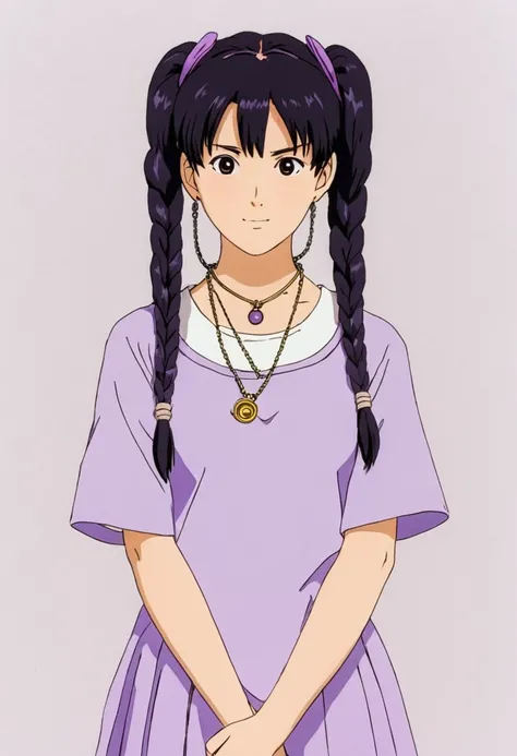 A Ghiblis studio character (2D). She have her black hair tied in a long pigtails. She wears traditional light purple clothes and many chain necklace 