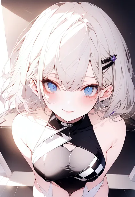 beautiful, masterpiece, Highest quality, anime, One girl, C Cup,Portrait Shot, View your viewers, Intricate details,>,((Covered、Short Hair、nearby、Blue Eyes、art、、White hair,Blue streaked hair、wallpaper、、hairpin、smile、Thighs、Race Queen、rq、Photographed from t...