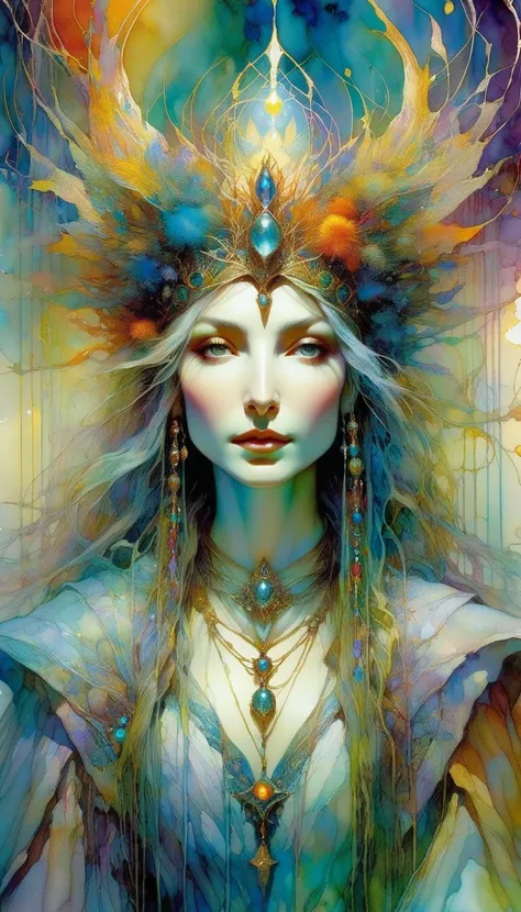 tarot card,the priestess, FULL tarot card frames ((text on card: "LA SATERDOCISA")) (by Brian Froud and Carne Griffiths and Wadim Kashin, intricate details, oil) . bright colors, oil paint)
