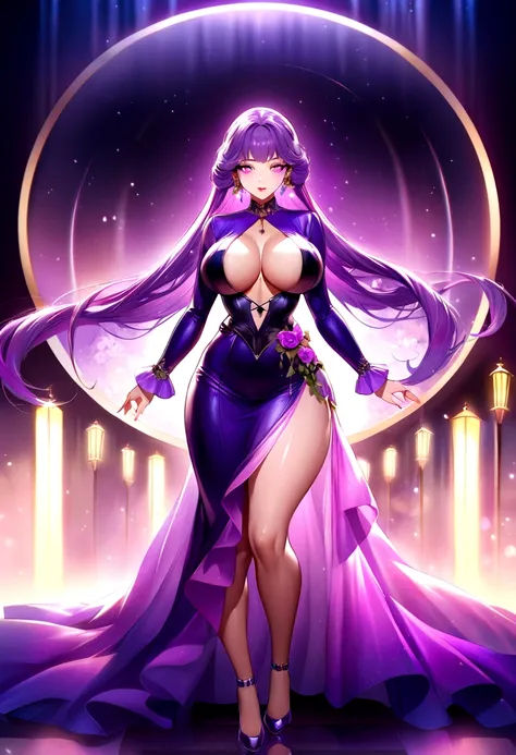 Create a digital artwork of a voluptuous female character with massive breasts in an anime-inspired style. The character should have long, flowing purple hair and large, expressive purple eyes. She should be wearing a revealing but long dress that accentua...