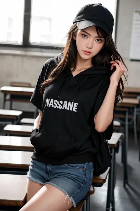 (best quality,realistic,ultra-detailed),a sexy and slim 18-year-old French brunette woman in black short sleeve hoodie, visible leg,classroom,short en jean,casquette,hands up