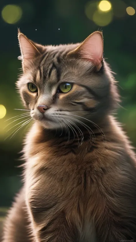 a realistic cat by a photorealistic riverbank, intricate detailed fur, beautiful feline eyes, serene nature atmosphere, dynamic cinematic composition, dramatic vibrant lighting, mesmerizing fireflies, (best quality,4k,8k,highres,masterpiece:1.2),ultra-deta...